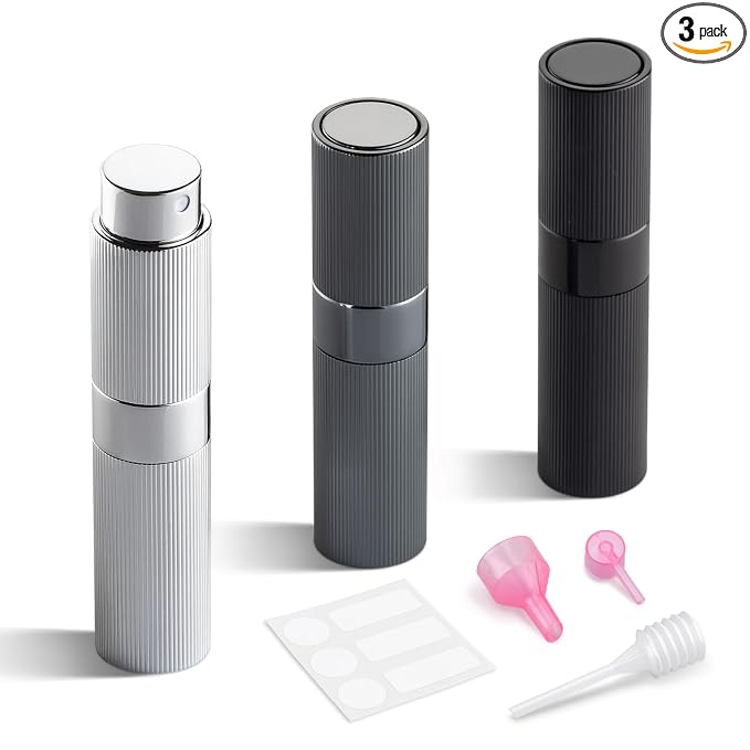 LISAPACK Perfume Travel Refillable Bottle - Atomizer Cologne Spray for Men Portable - Mini Sprayer Empty for Refill - Small Size 8ML Striped (Grey, Black, Silver)