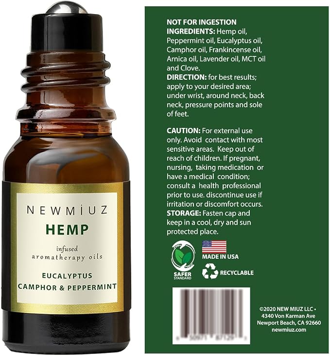 Roll-On Essential Oil Blends Focus Memory Concentration Orange Ginger Patchouli & Ease destress Hemp Peppermint Eucalyptus Clove and Arnica, Pack of 2