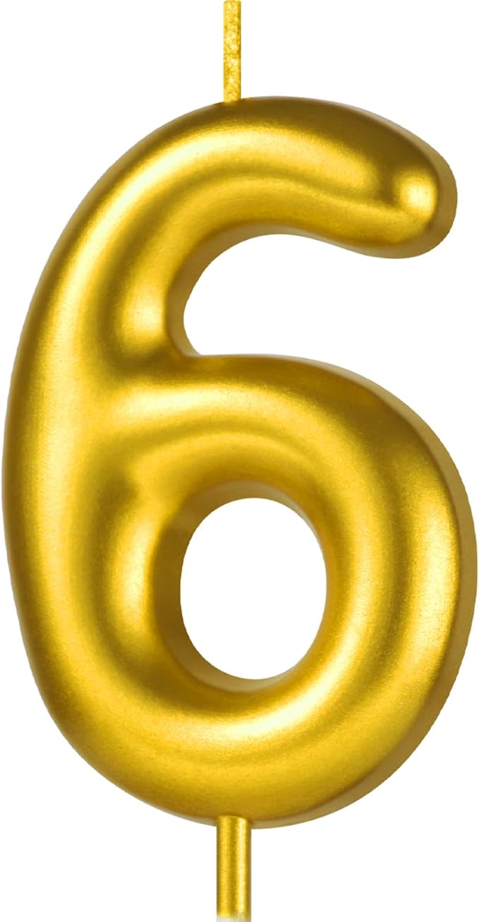 2.76“ Gold 6 Candle 6th Birthday Party Decorations, Sixth Birthday Candle Gold Number Candles for Six Year Old Birthday Cake Decoration for Girls Boys, Number 6 Candle 6 Cake Topper for Cakes