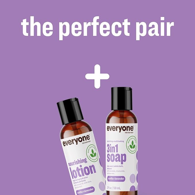 Everyone 3-in-1 Soap Body Wash, Bubble Bath, Shampoo, Travel Size, 2 Ounce (Pack of 12), Vanilla and Lavender, made with Essential Oils for Men and Women