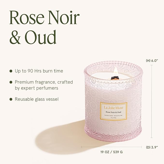 LA JOLIE MUSE Rose Noir & Oud Scented Candles for Home, 19 oz Natural Soy | Large Jar Luxury Candle, Floral Pink Candles, Clean Non Toxic, Decorative Candle Gifts for Women, Wood Wick, Sandalwood Rose