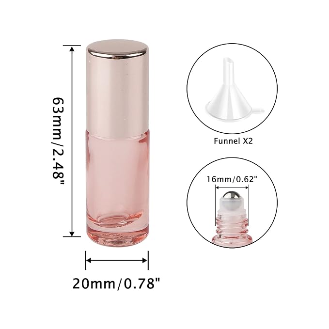 10Pcs 5ml Glass Roller Bottles for Essential Oils, 1/6 oz Refillable Roll on Vials with Funnels, Small Containers with Stainless Steel Ball for Perfumes Aromatherapy Liquid, Rose Gold