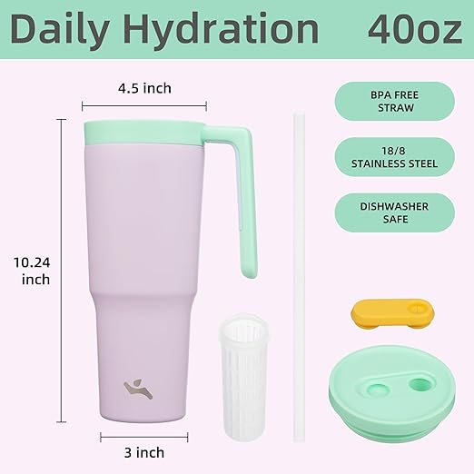 Konokyo Insulated Tumbler with Handle and Straw,40 OZ Vacuum Stainless Steel Water Bottle Travel Mug Metal Cup with Fruit Diffuser,Purple