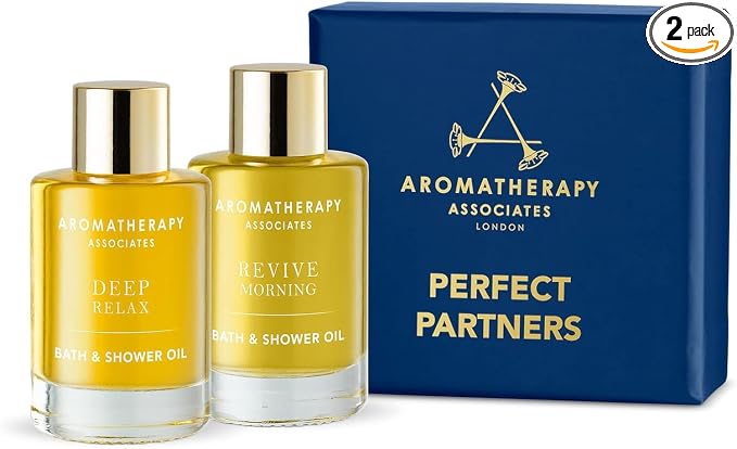 Aromatherapy Associates Perfect Partners Gift Set. 2 Premium Bath and Shower Oils (0.3 fl oz each) in Decorative Gift Box. Includes Deep Relax and Revive Morning Blends