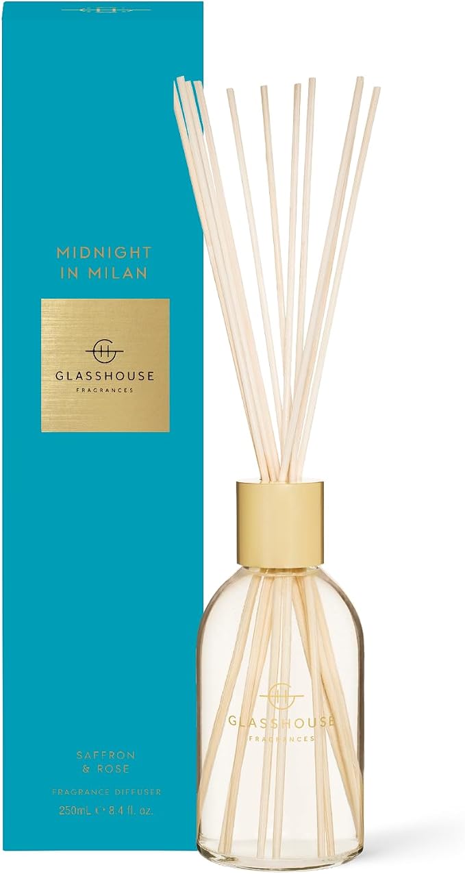 Glasshouse Fragrance Midnight in Milan Reed Diffuser, Home Fragrance & Perfume Scented Room DÈcor, Natural & Oil Free, Saffron & Rose 8.4.fl.oz (250mL)