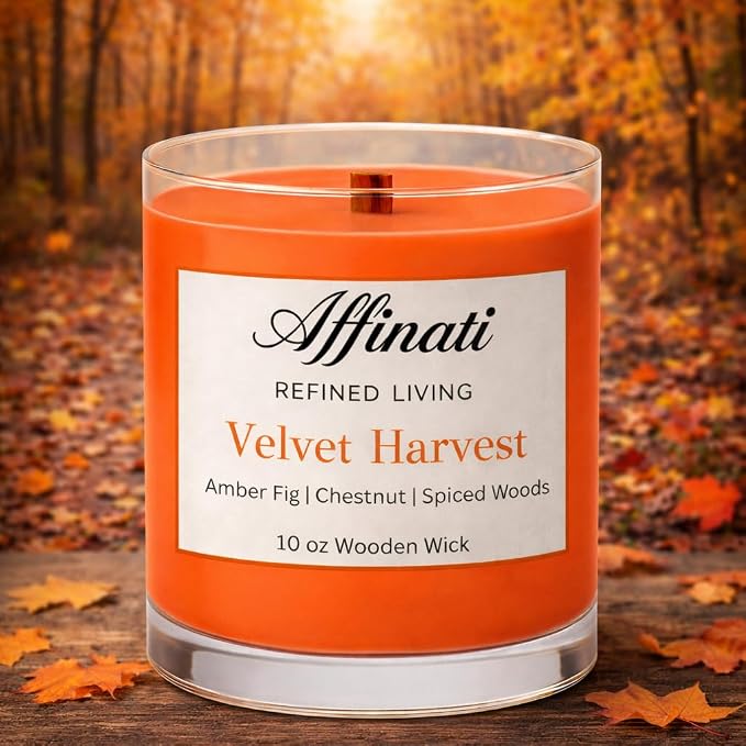 Affinati Velvet Harvest Scented Candle, 10 oz Wooden Wick Tumbler Jar – Highly Fragrant Cozy Autumn Fruits Aromatherapy, Fall Soy Gift