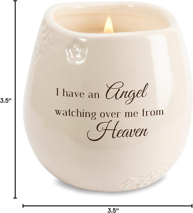 Pavilion Light Your Way Memorial Ceramic Vessel - 100% Soy Wax Candle with "I Have an Angel Watching Over Me From Heaven" Text, Decorative Soy Filled Candle, Scent of Tranquility, 8 oz, White