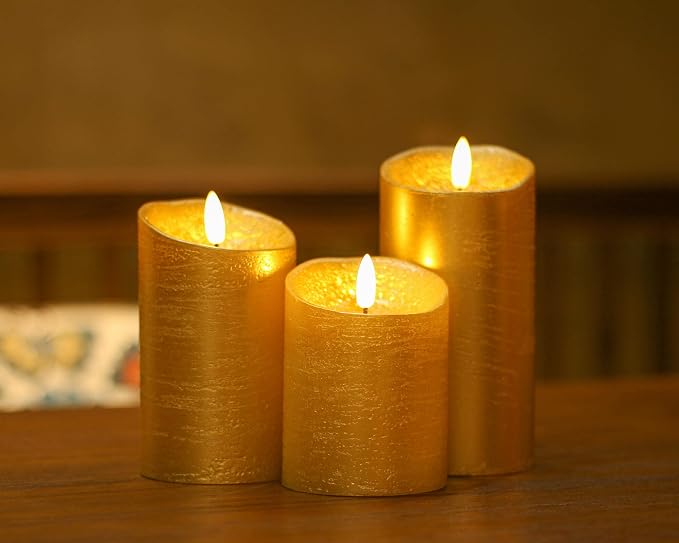 ANGELLOONG Gold Flameless Candles with Remote, Real Wax Battery Operated Electir LED Pillar Candles with Timer for Valentines Wedding Party Home Decor Halloween Christmas, Set of 3