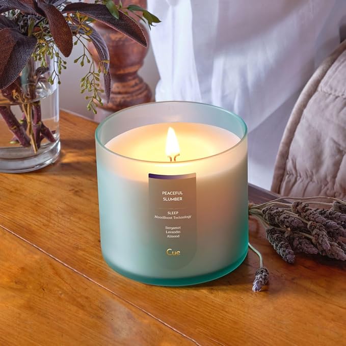 CUE Scented Candle |MoodBoost Essential Oils |OpenWick Clean Burning Candle | Soy Coconut Wax Blend | Candle for Home | Gift |Extended Burn Time (14oz, Peaceful Slumber)