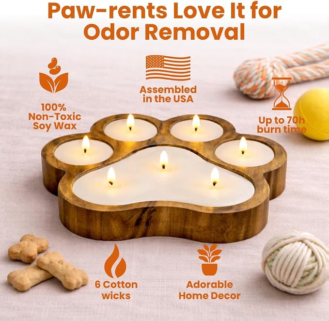 Dough Bowl Candle Co. Pet Odor Eliminator Candle - 11x11x1.5 Scented Soy Candles for Home Scented, 7 Wick Pet Odor Eliminator for Home, White Ocean Beach Decor in Paw Print Shape, Linen Fragrance