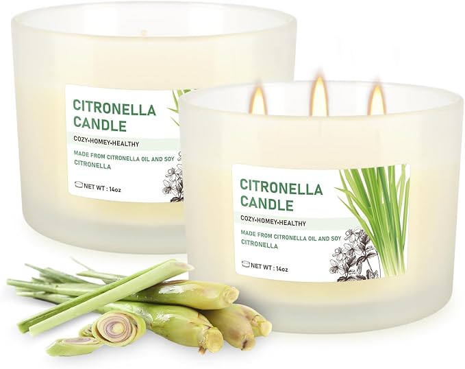 Citronella Candle Set of 2, 14oz Frosted Jar Triple-Wick, Clean & Smokeless for Outdoor Patio, Garden, Deck, Porch Ambiance with Natural Citronella Scent