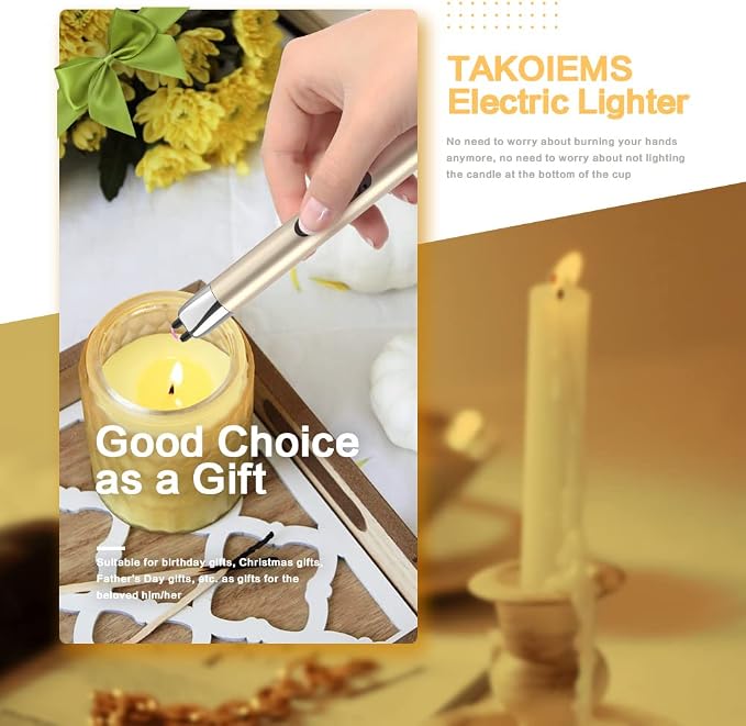 Candle Lighter, Electric USB Lighter with Upgraded LED Display Safety Switch, Rechargeable Flameless Windproof, Gold
