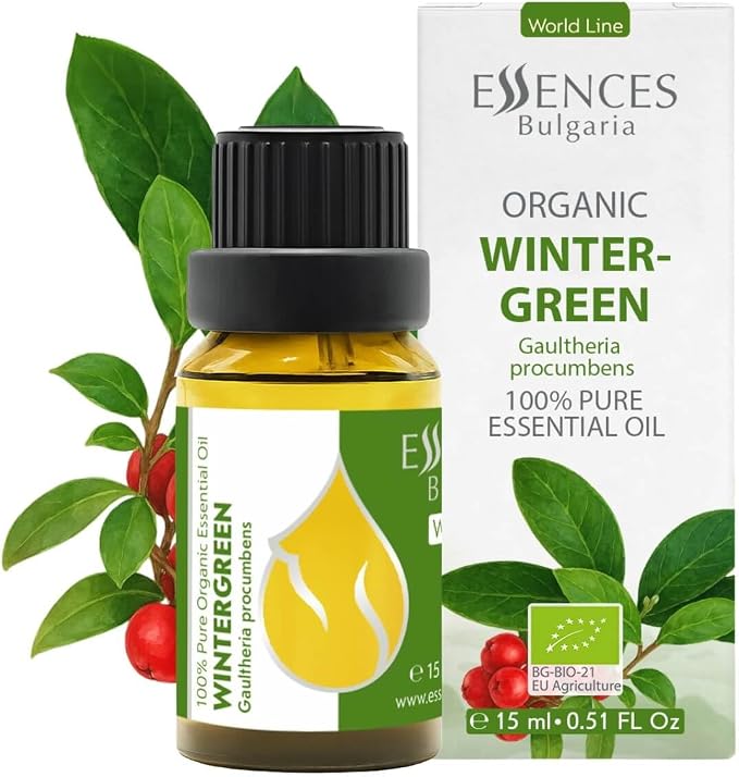 Essences Bulgaria Organic Wintergreen Essential Oil 0.51 Fl Oz | 15ml | Gaultheria procumbens | 100% Pure | Natural | Undiluted | Therapeutic Grade | Aromatherapy | Cosmetics | Cruelty Free | Vegan
