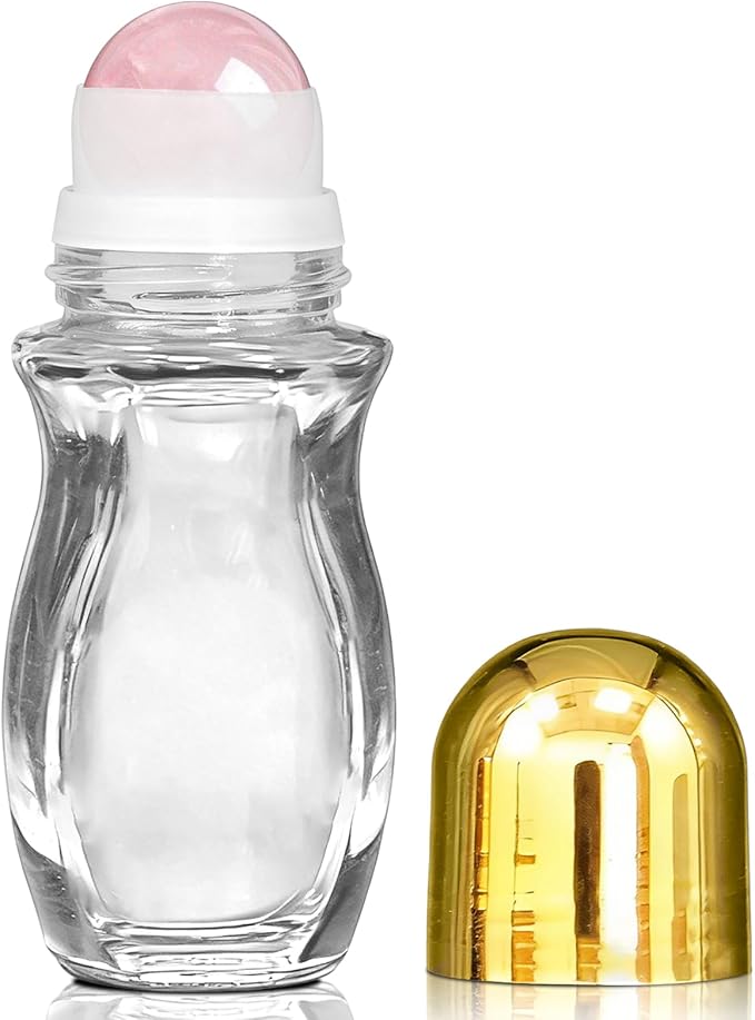 Rose Quartz Roller Waisted Bottles for Essential Oils,50ml Refillable Clear Glass Roll On Bottles with Natural Crystal Roller Balls, Leak-Proof Travel Perfume Bottle with Gold Caps