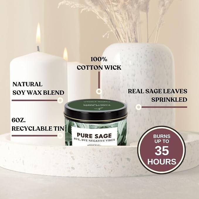 Premium Sage Candle for Cleansing – Natural Soy Wax, Cotton Wick, Paraben and Phthalate Free Scent, Non Toxic, Clean Scented Candles for New Home, Smudging, House Negative Energy Protection, 6oz