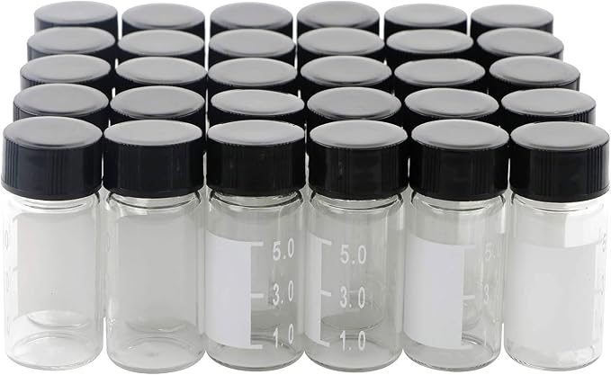 Kesell 30-Pack 5ml（0.17oz, 1.35dram） Premium Glass Vials - Clear Borosilicate Glass, Graduated, with Labels - Small Jars with Lids for Samples