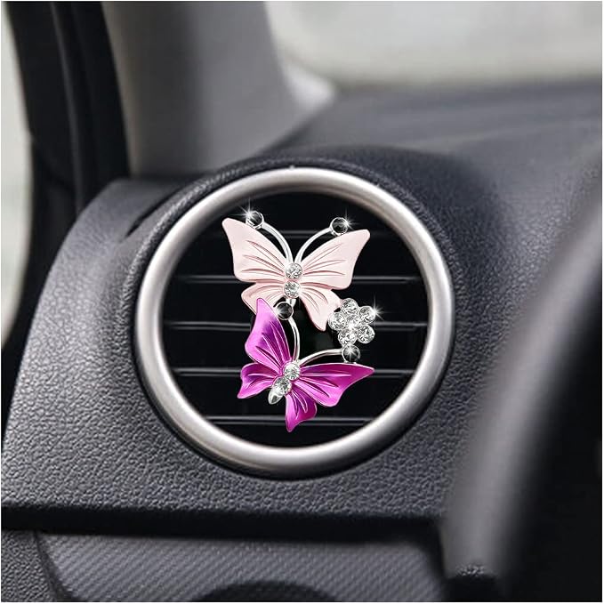 1PC Car Air Fresheners Vent Clips, Cute Dual Butterfly Diamond Rhinestone Car Vent Clip, Air Outlet Perfume Diffuser, Sparkly Bling Car Interior Decoration Accessories for Girls Women (Pink)