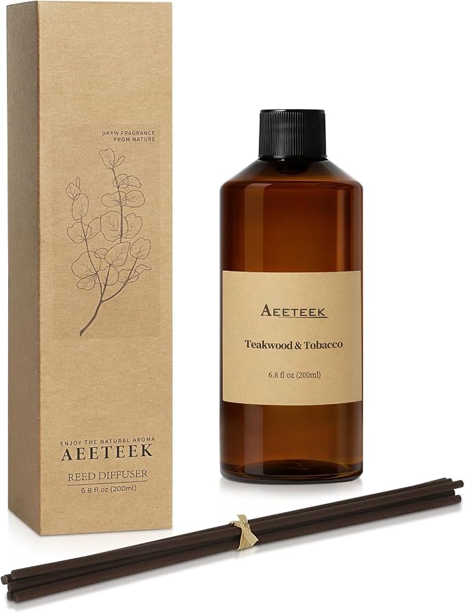 Reed Diffuser, Teakwood & Tobacco Essential Oil Diffuser with Diffuser Sticks, 6.8 oz (200ml) Musk Scented Oil, Handmade Home Air Freshener, Long-Lasting Room Scent for Office, Bathroom