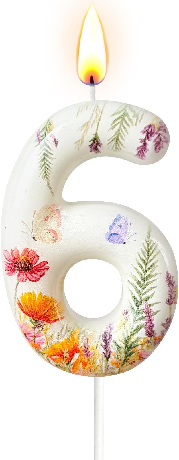 Number 6 Birthday Candle for Cake – Floral Botanical Design with Butterfly Detail – Elegant Cake Topper for Birthday, Garden Party Decoration