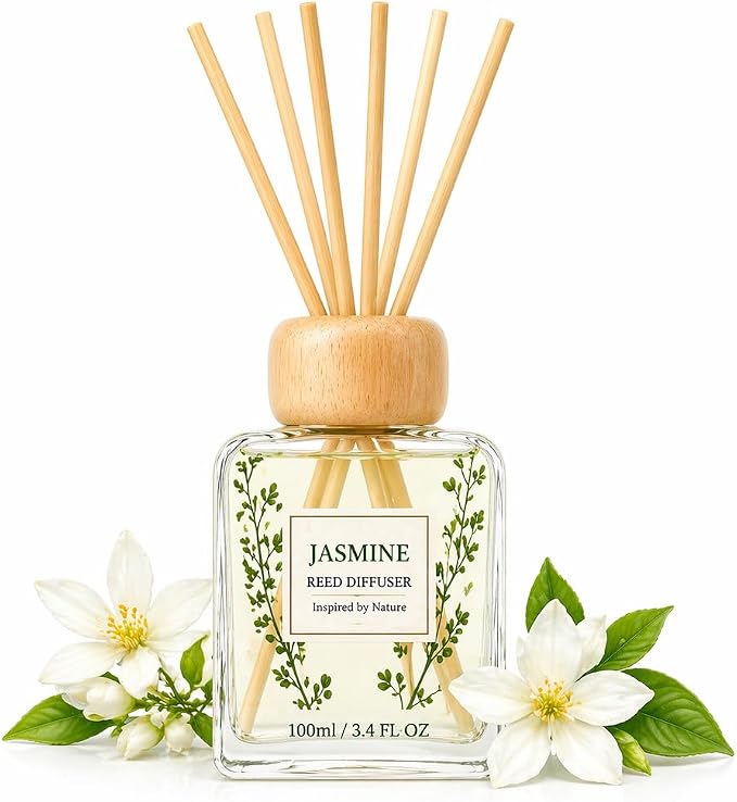 Jasmine Reed Diffuser Set, Floral Home Fragrance for Bedroom & Bathroom, Long Lasting Essential Oil Diffuser Sticks, Relaxing Fresh Scent, Stress Relief, 3.4 FL OZ