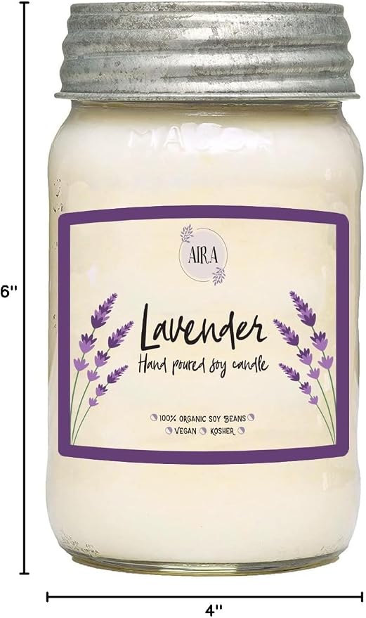 Aira Soy Candles - Organic, Kosher, Vegan, in Mason Jar w/Therapeutic Grade Essential Oil Blends - Hand-Poured 100% Soy Candle Wax - Paraffin Free, Burns 110+ Hours - Pure Lavender - 16 Ounces