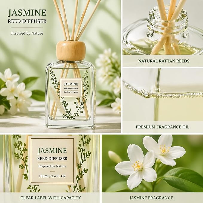 Jasmine Reed Diffuser Set, Floral Home Fragrance for Bedroom & Bathroom, Long Lasting Essential Oil Diffuser Sticks, Relaxing Fresh Scent, Stress Relief, 3.4 FL OZ