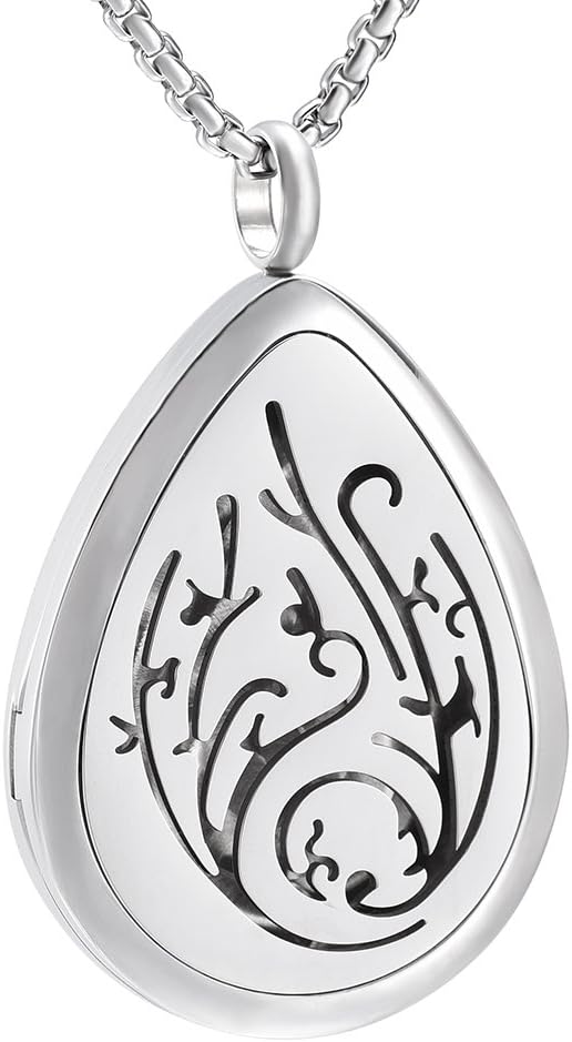 Tree of Life - Stainless Steel Teardrop Aromatherapy Essential Oil Diffuser Necklace Locket Necklace Pendant (Silver Tone)