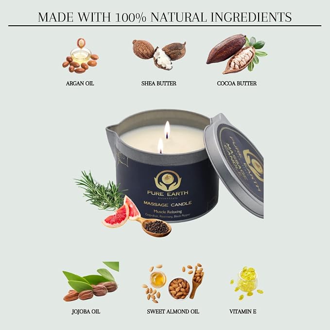 Muscle Relaxing Massage Oil Candle - Scented Massage Oil Candles for Relaxation and Home Spa (160 Grams or 6 oz.) - with Grapefruit, Rosemary, Black Pepper - by PURE EARTH essentials