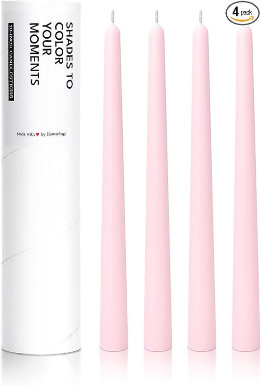 10" Classic Taper Candles, Pale Pink, 4-Pack, 7-8 Hours Long Burning, Unscented Tall Candlesticks