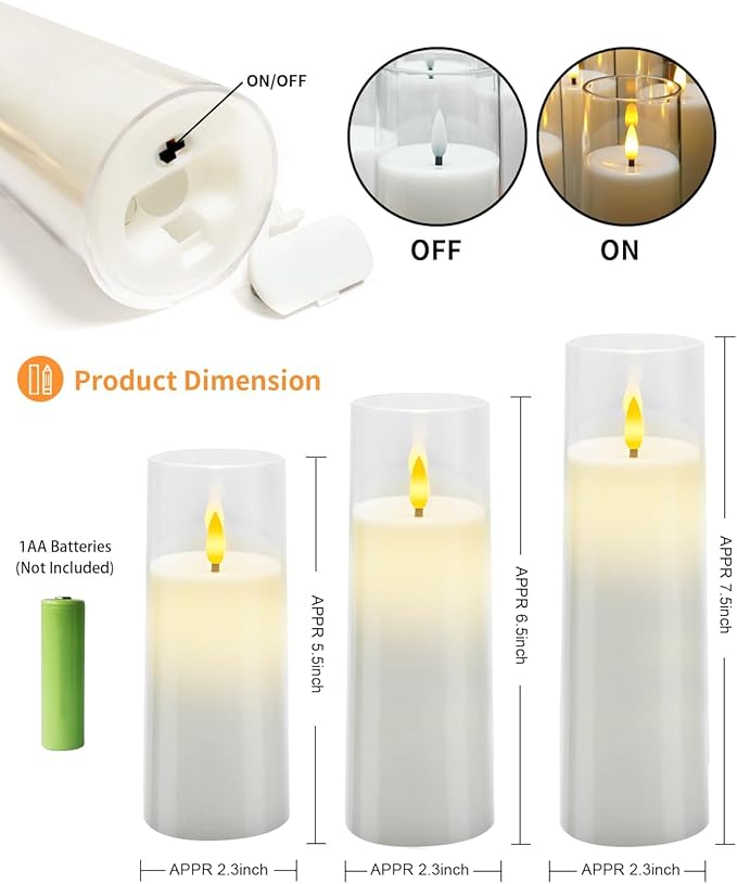 kakoya Flickering Flameless Candles Battery Operated with Remote and 2/4/6/8 H Timer Acrylic Led Pillar Candles Pack of 9 (appr D2.3"xH5.5"6.5"7.5")with Realistic 3D Wick Candles for Home Decor(White)