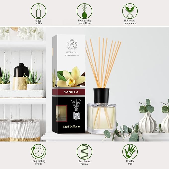 Reed Diffuser with Natural Essential Oil Vanilla 6.8 Fl Oz (200ml) - Scented Reed Diffuser - Gift Set with Bamboo Sticks - Best for Aromatherapy - SPA - Home - Office - Fitness Club