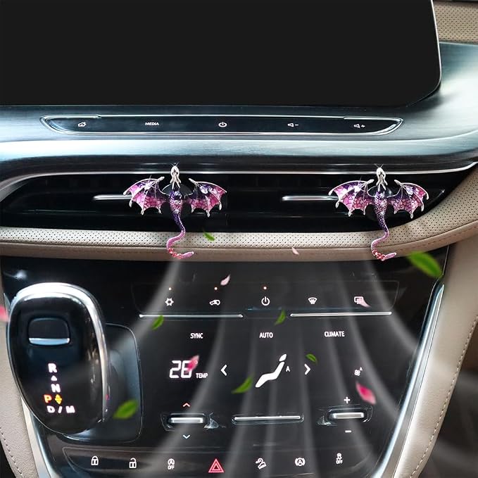 ORIESSE Bling Wyvern Car Air Freshener Vent Clips,2pcs Alloy Purple Enamel Dragon Vent Clips Car Accessories,Refillable Car Diffuser with Felt Mads,Coffee Fragrance Tablets
