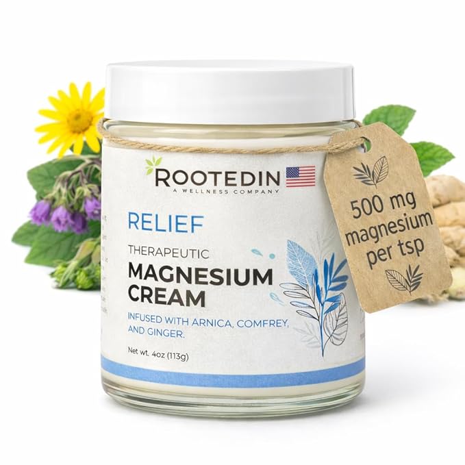 Rooted In Relief Magnesium Cream – 500mg Magnesium Chloride per Teaspoon – Enriched with Arnica, Comfrey & Botanical Blend – Targeted Muscle Support & Topical Relaxation – 4 oz Glass Jar