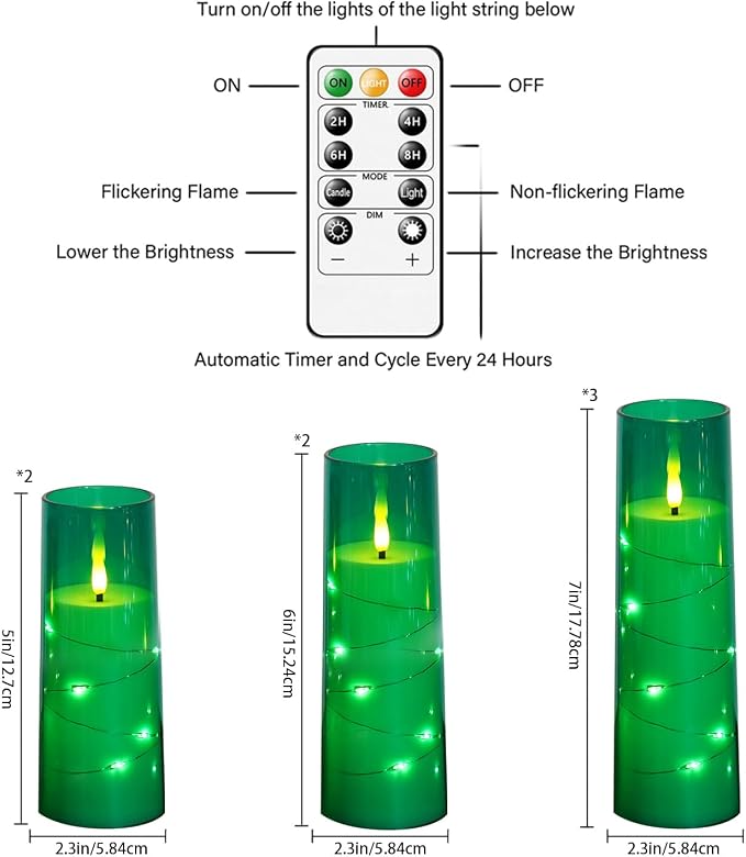 Eebuss Flameless Candles with Embedded Star String, Battery Operated LED Pillar Candles with Timer and Remote Control,Home Decorating for Ambiance， Set of 7 (Green)