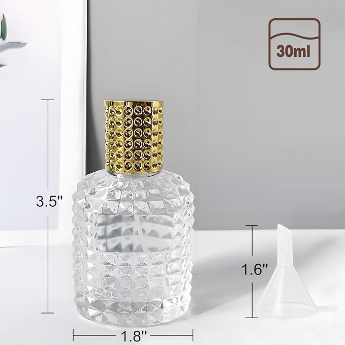 Perfume Bottle Atomizer 30ML Refillable Fine Mist Spray Bottles, Empty Glass Essential Oil Container for Travel, Handbag or Date, With Storage Bag & Funnels(Retro)