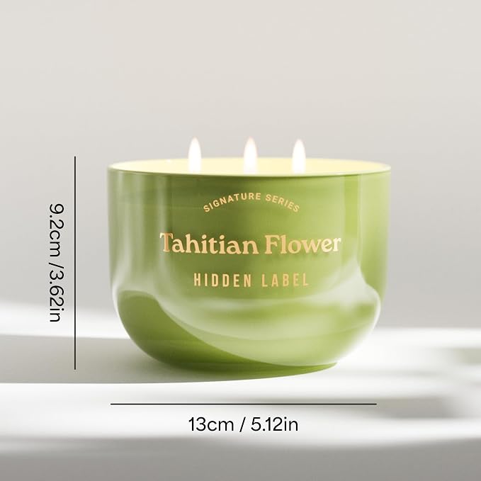 Hidden Label Tahitian Flower Scented Candles, 3 Wick Aromatherapy Soy Candle, 18oz/70-Hour Burn, Non Toxic Natural Green Candle, Luxury Home Scent & Décor Gift for Women and Men