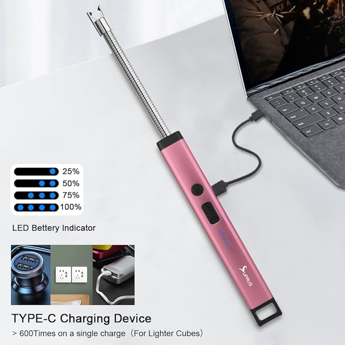 SUPRUS Rechargeable Candle Lighter Electric Arc Triple Safety Long Lighter Stainless Steel Shell & Hanging Hook (Pink)