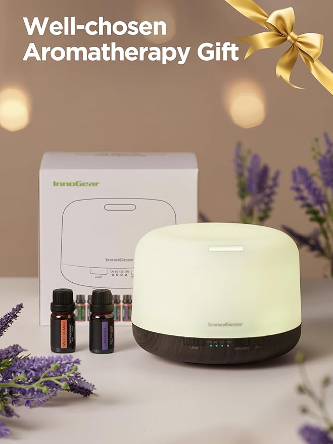 InnoGear Aromatherapy Diffuser & 10 Essential Oils Set, 500ml Essential Oil Diffuser with Remote Control Mother's Gift Ultrasonic Cool Mist Scent Humidifier Vaporizer Auto-Off Timer for Home, Brown