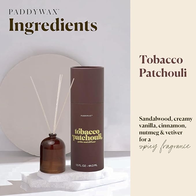 Paddywax Petite Reed Diffuser Set with Wooden Reeds, 720 Hour Long Lasting Home Fragrance Oil Diffuser, Decorative Milky Glass Bottle, Tobacco Patchouli Scent, Brown, 1.5 oz