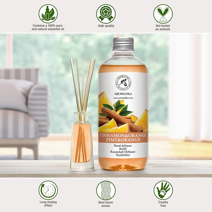 Cinnamon - Orange Diffuser Refill 17 Fl Oz - Intensive - Fresh & Long Lasting Fragrance - Good for Aromatherapy - SPA - Christmas Scent - Scented Diffusers - Home Fragrance - Reed Diffuser Refill