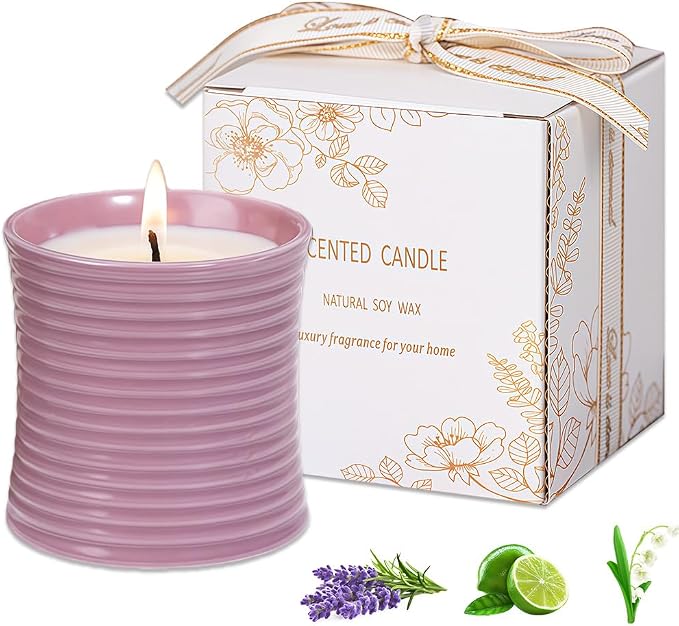 Generic Natural Soy Wax Scented Candle, Purple Ceramic Container Lavender Fragrance, Handmade Luxury Home Decor with Cotton Wick,Purple Ceramic Container, Reusable Jar