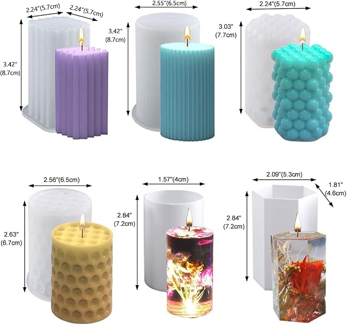 6Pcs Silicone Candle Molds Set for Candle Making, Bubble Pillar Candle Mold, 3D Hexagonal Cylinder Candle Mold, Silicone Mold for Soy Wax, Soap, DIY Scented Candle