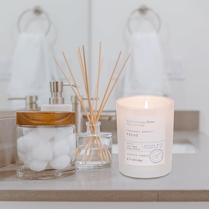 Eucalyptus & Tea Tree Scented Candles - Summer Candles,White Candle,8.5oz | for Stress Relief, Meditation, Yoga, Relaxing SPA, Natural Soy Wax for Womens