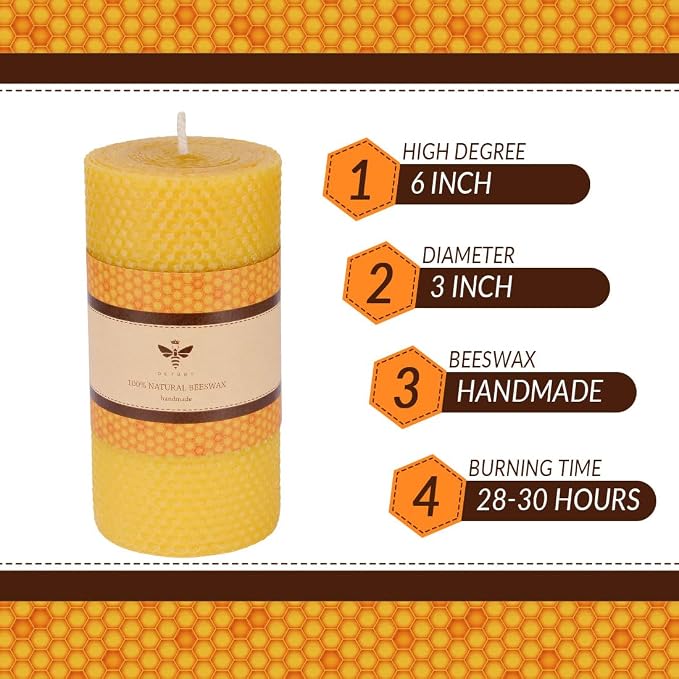 DEYBBY 3×6 in Beeswax Pillar Candle - Handmade Pure Organic Beeswax Honeycomb Rolled Candle for Home Study Decor Housewarming GFT
