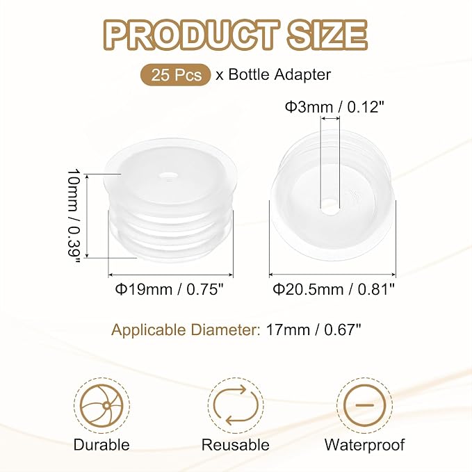 PATIKIL Bottle Adapter 0.67"/17mm Press in Plugs Clear 25Pcs, 0.12" Hole | for Oral Dispenser Liquid Oil Plastic Glass Bottles Stopper