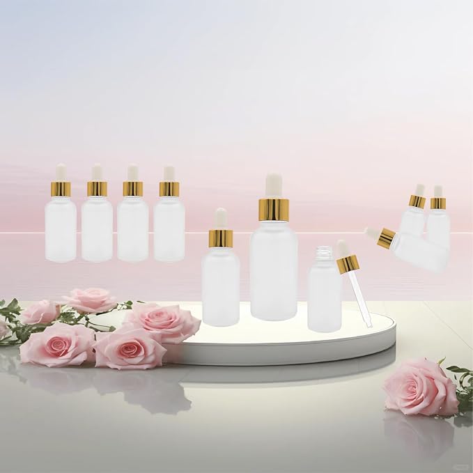 12 Pack,Clear Frosted Glass Dropper Bottle for Essential Oils,Empty Glass Liquid Holder With Glass Eye Dropper,Golden Caps Travel Perfume Cosmetic Container-Pipette&Funnel included (30ml/1oz)