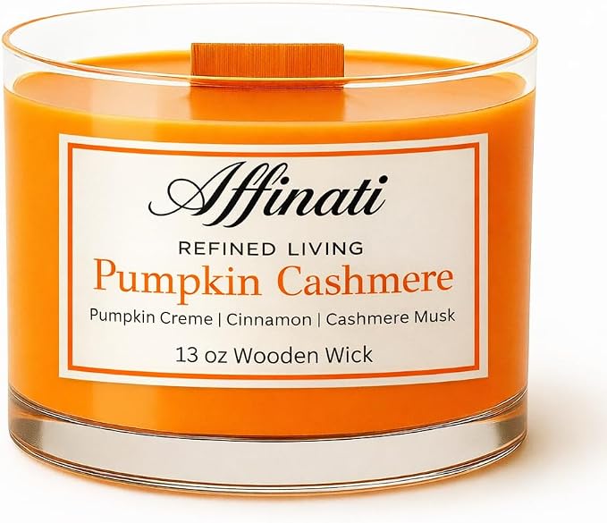 Affinati Pumpkin Cashmere Wooden Wick Candle – Luxury Wooden Bowl, 13 oz