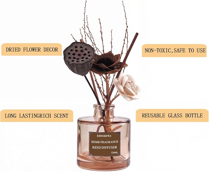 Reed Diffuser with Dried Flowers, Jasmine Cedar Sandalwood Scent, 4.06 fl oz, Glass, 120ml, Long Lasting Home Fragrance