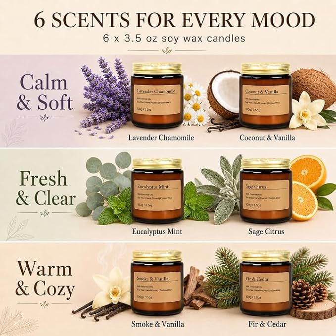 6-Pack Scented Candles for Home, 3.5 Oz Soy Wax Aromatherapy Candle Gift Set, Lavender Chamomile, Eucalyptus Mint & Vanilla, Birthday Gifts for Women, Thank You Graduation Gifts
