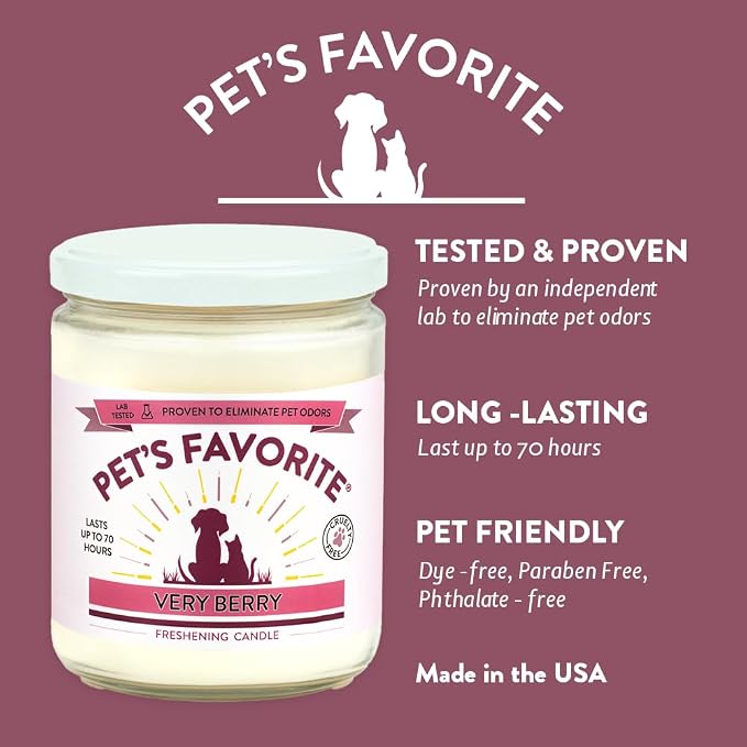 Pet's Favorite Pet Odor Candle, Clean Burning, Long Lasting Scented Candles with a Natural Fiber Wick and 70 Hour Burn Time, Very Berry